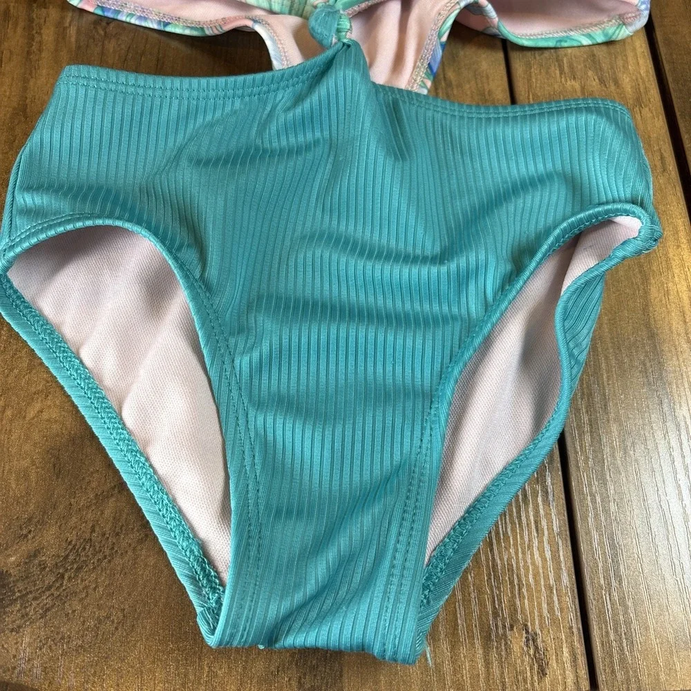 Art Class Kids XS (4/5) Teal Swimsuit Tropical Floral Ribbed Cutout One Piece